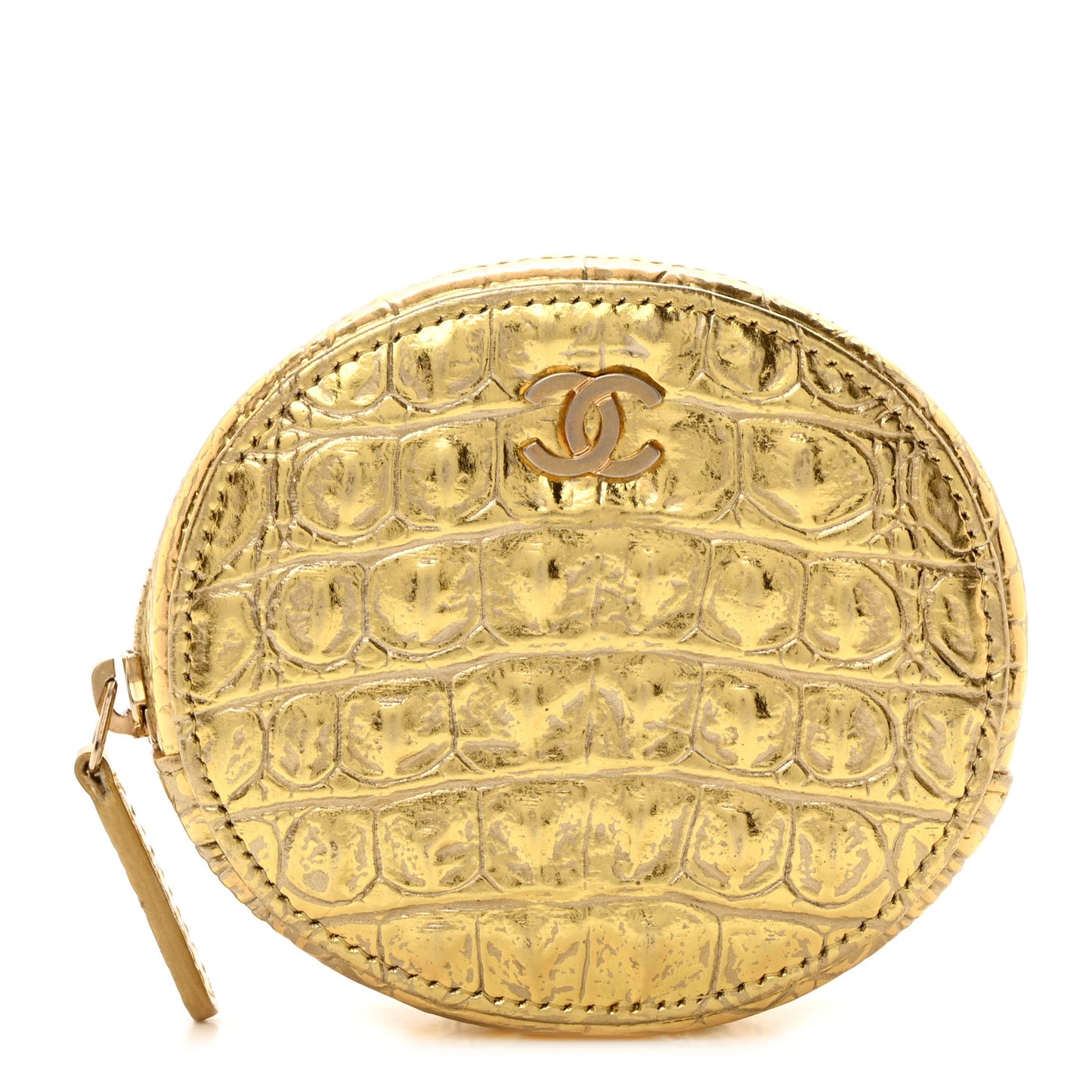 Metallic Calfskin Crocodile Embossed Cocodile Zip Around Classic Coin Purse Gold