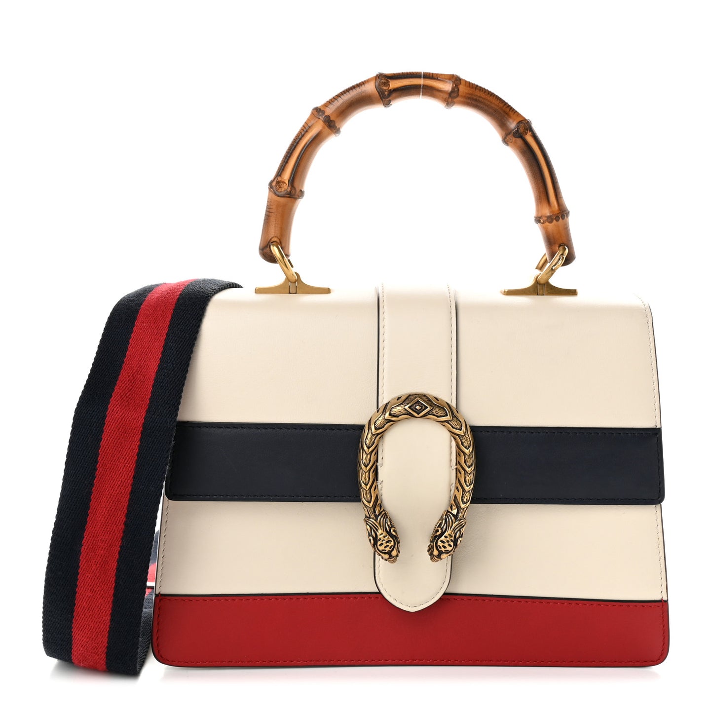 Calfskin Bamboo Web Medium Dionysus Top Handle Bag White Blue Hibiscus Red