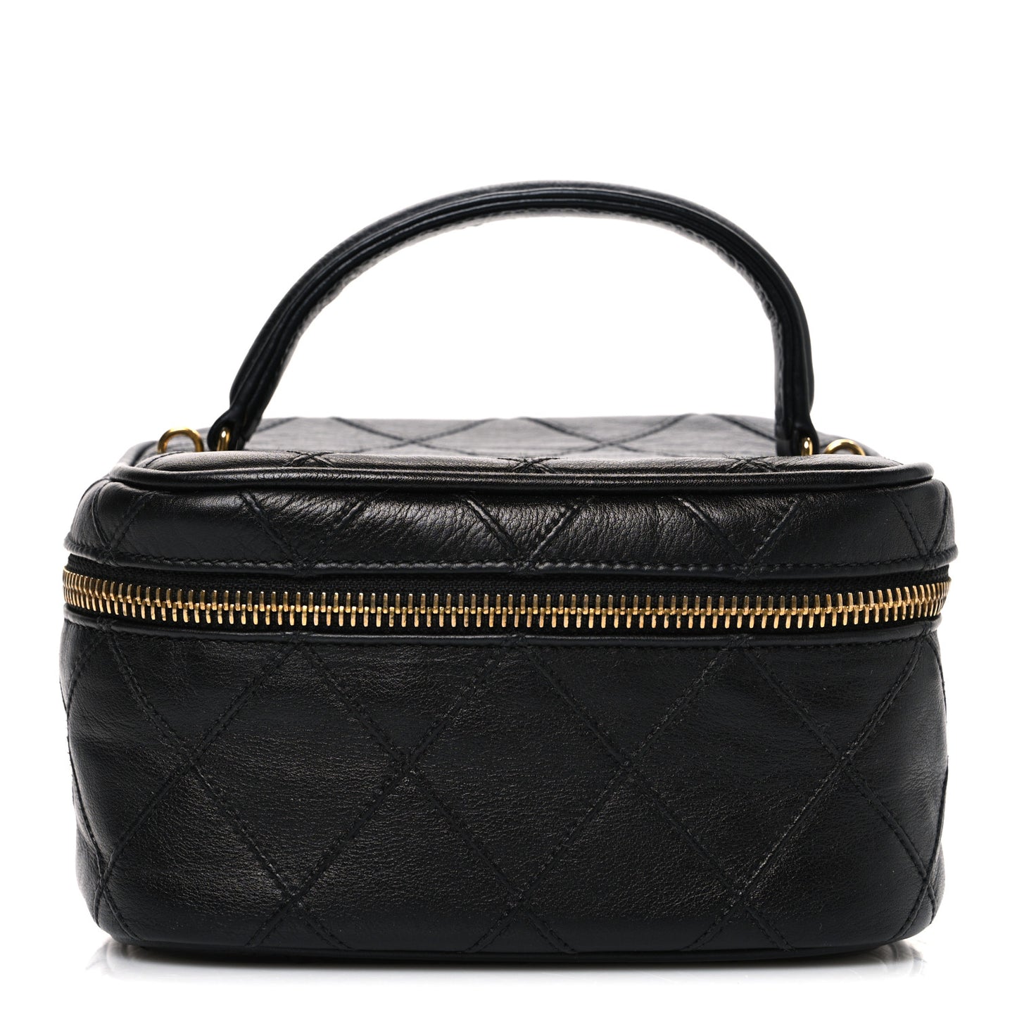 Lambskin Diamond Stitched Top Handle Vanity Case Black