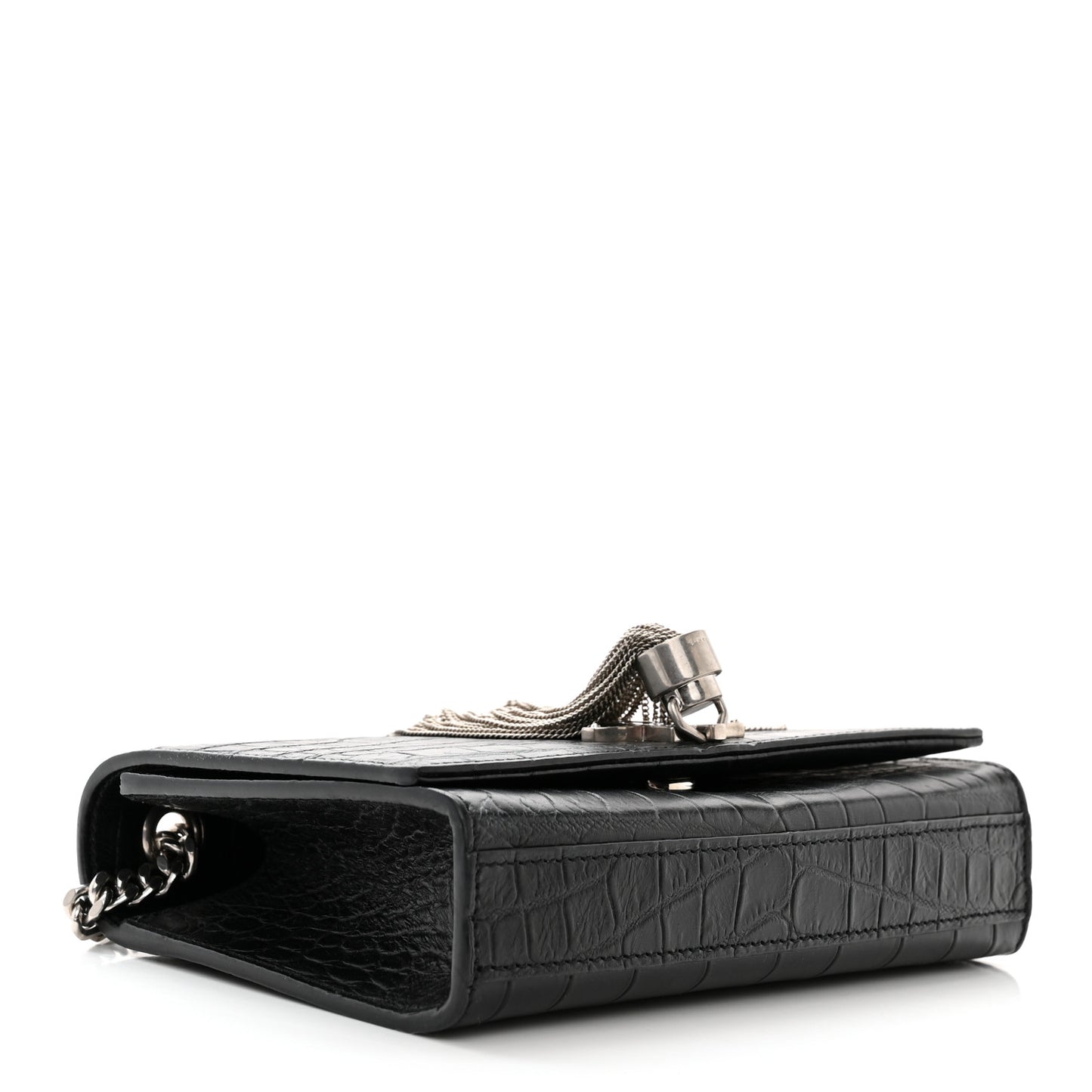 Calfskin Crocodile Embossed Small Classic Monogram Kate Tassel Satchel Black