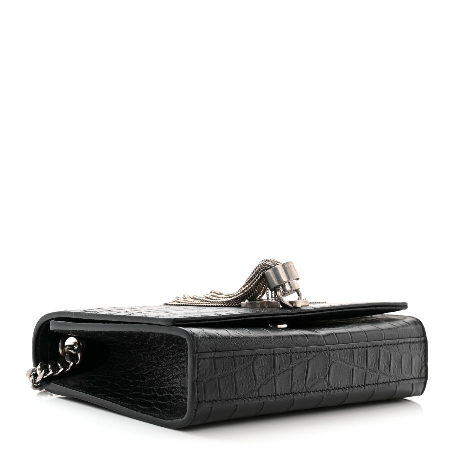 Saint Laurent Calfskin Crocodile Embossed Small Classic Monogram Kate Tassel Satchel Black 4 of 9