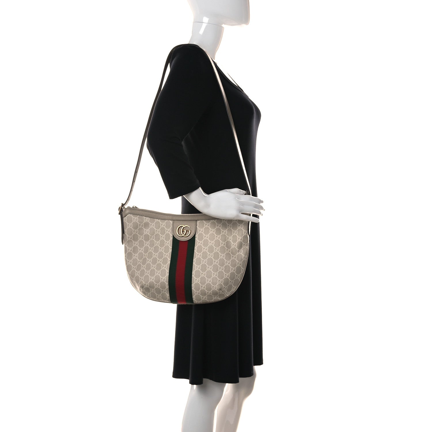 Gucci GG Supreme Monogram Textured Dollar Calfskin Web Small Ophidia Half Moon Hobo Beige Mystic White Oatmeal 2 of 13