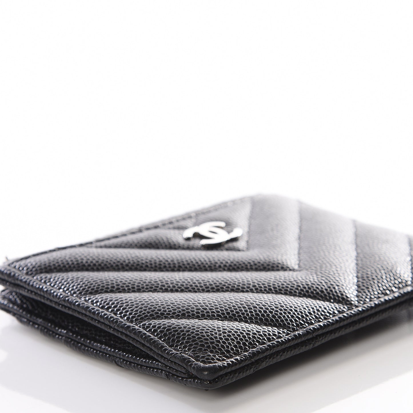 Caviar Chevron Quilted CC Zip Card Holder Black
