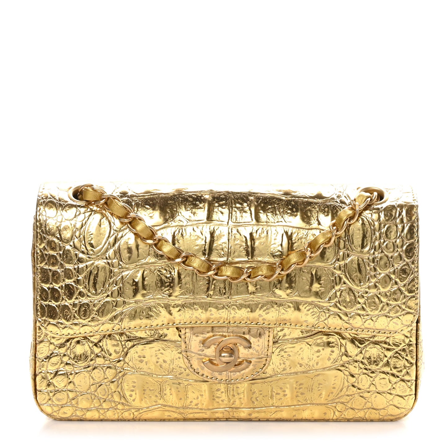Metallic Calfskin Crocodile Embossed Cocodile Rectangular Mini Flap Gold