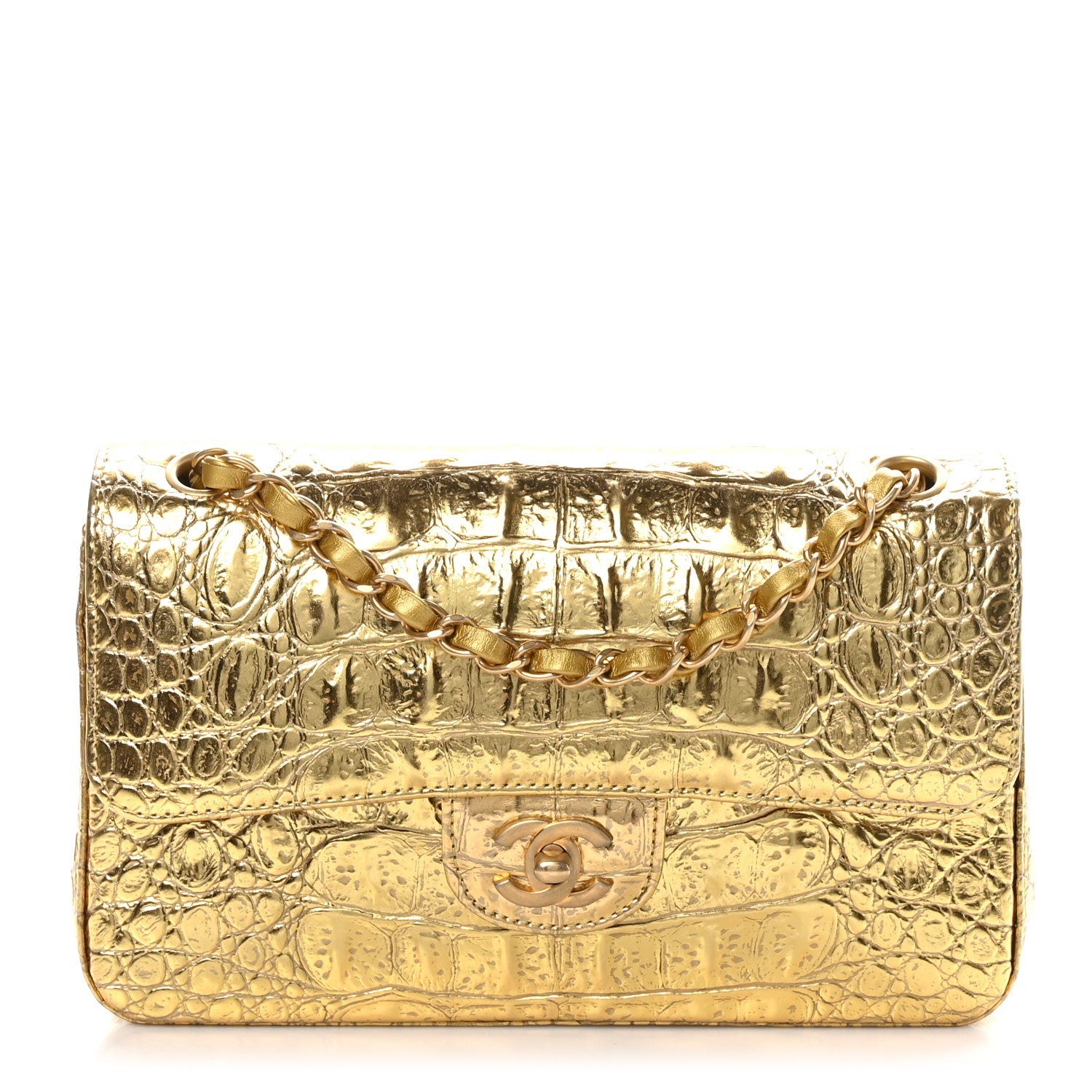 Chanel Metallic Calfskin Crocodile Embossed Cocodile Rectangular Mini Flap Gold 1 of 10