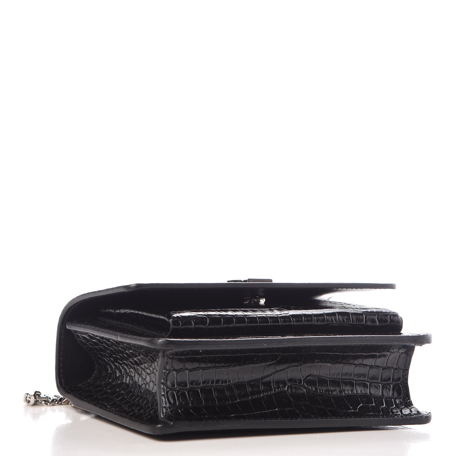 Saint Laurent Calfskin Crocodile Embossed Monogram Sunset Chain Wallet Black 4 of 11