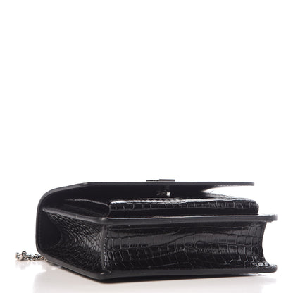 Saint Laurent Calfskin Crocodile Embossed Monogram Sunset Chain Wallet Black 4 of 11