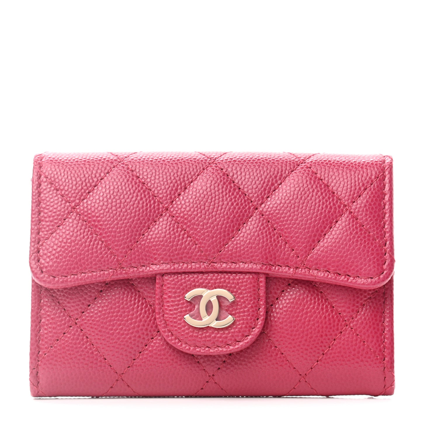 Caviar Quilted Flap Card Holder Wallet Dark Pink