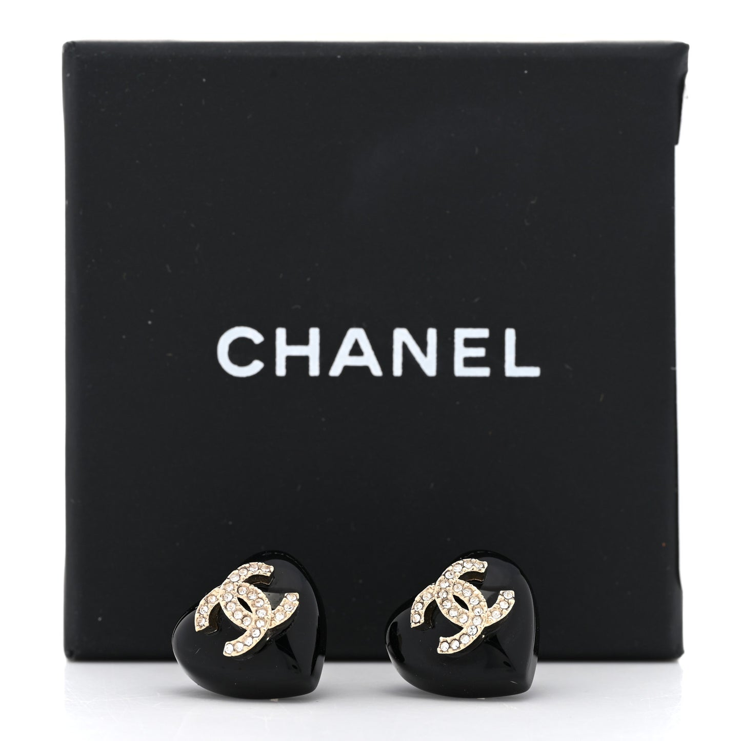 Resin Crystal CC Heart Earrings Black Gold