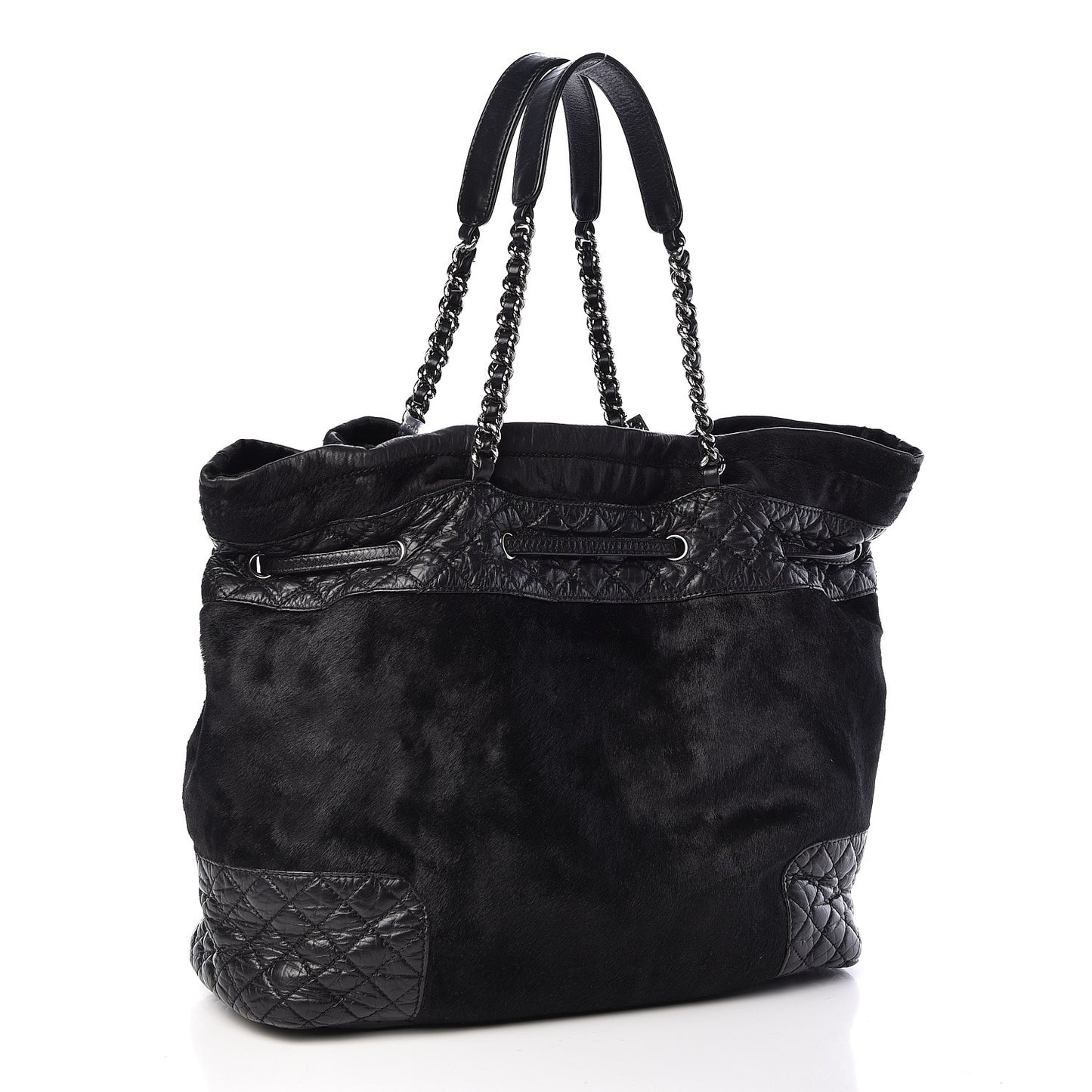 Pony Hair Quilted Drawstring Tote Black
