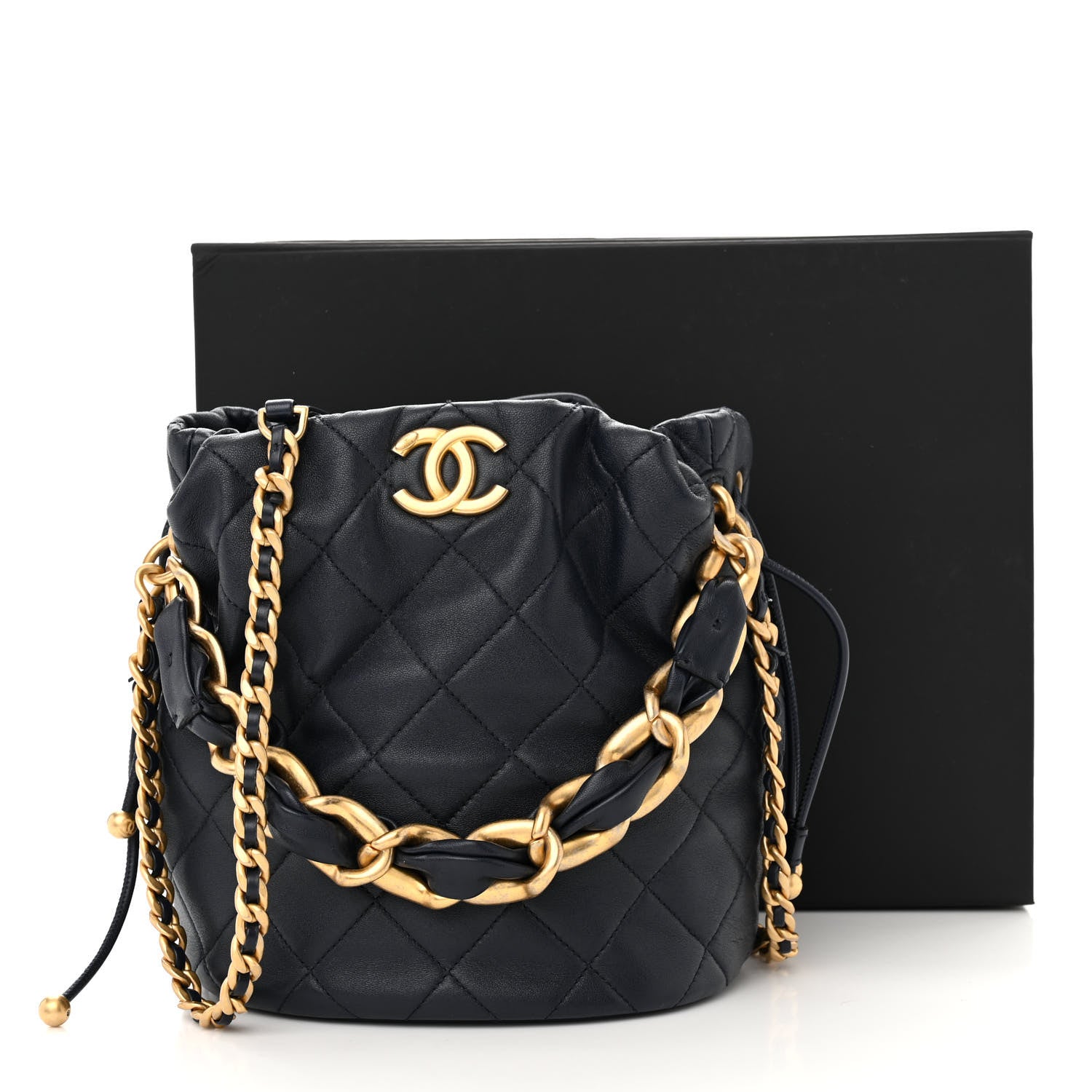 Chanel Shiny Lambskin Quilted Chain Is More Drawstring Bag Navy 11 of 11