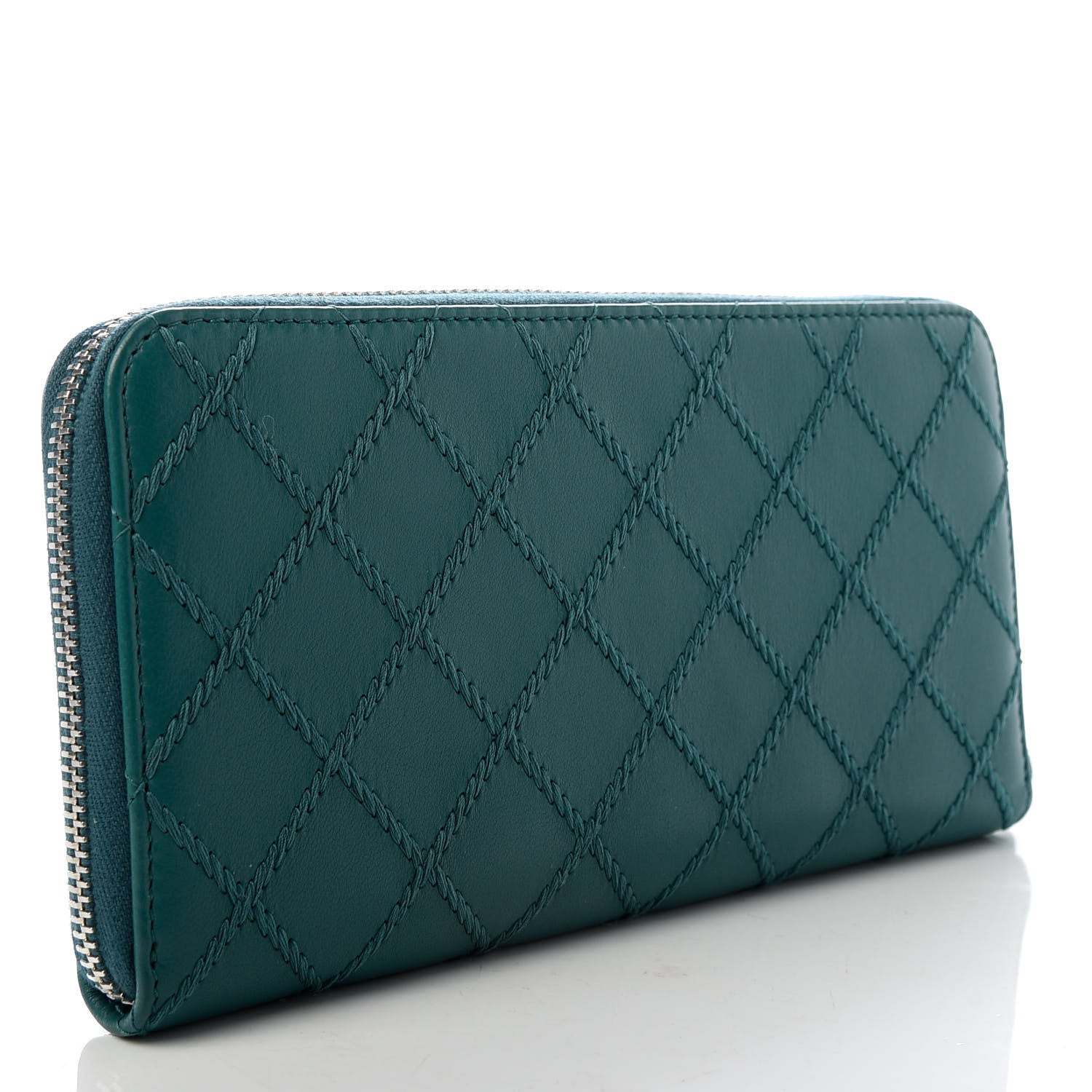 Chanel Lambskin Diamond Stitched Large Zip Around Wallet Dark Green 3 of 9