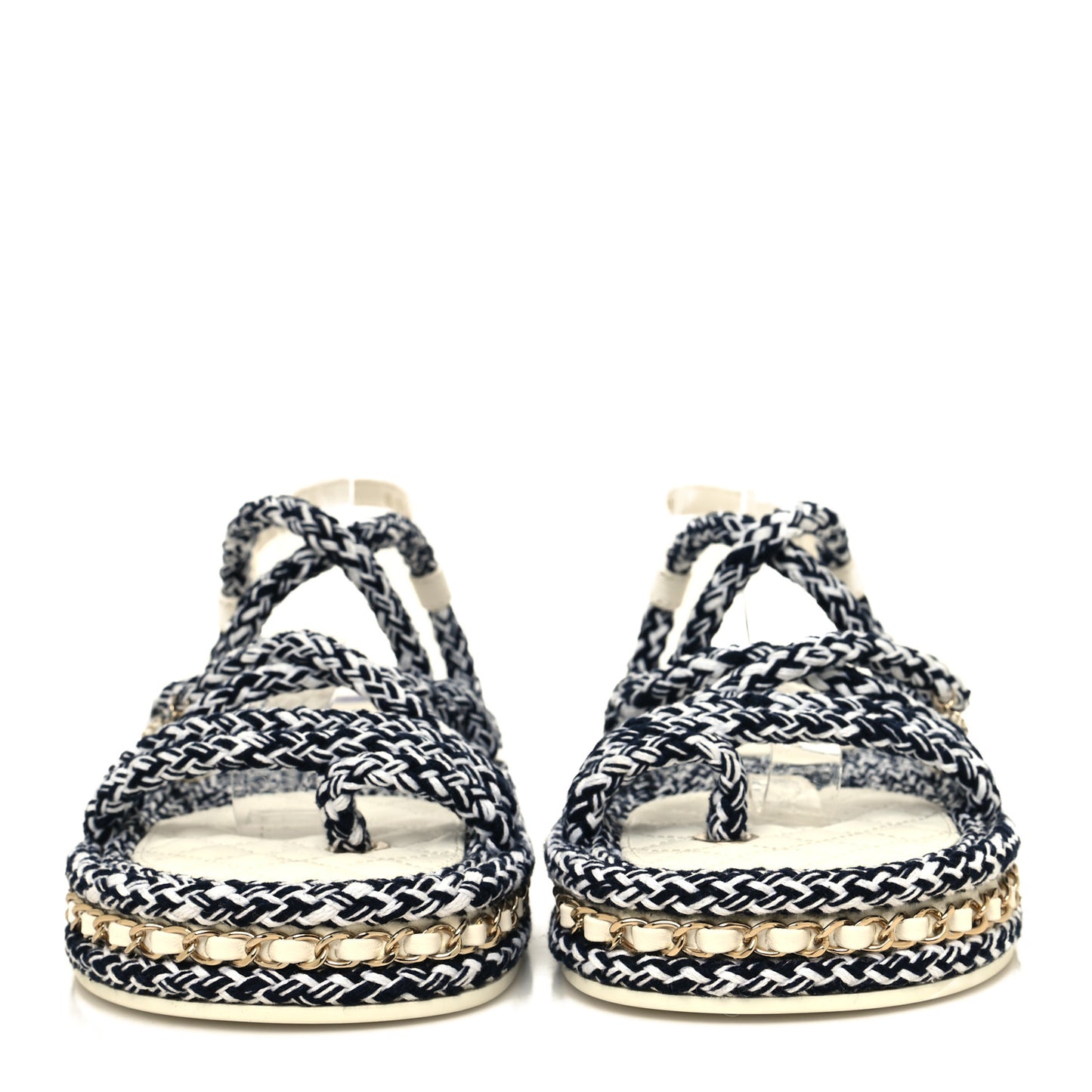 Lambskin Cord Chain CC Sandals 38 Navy White