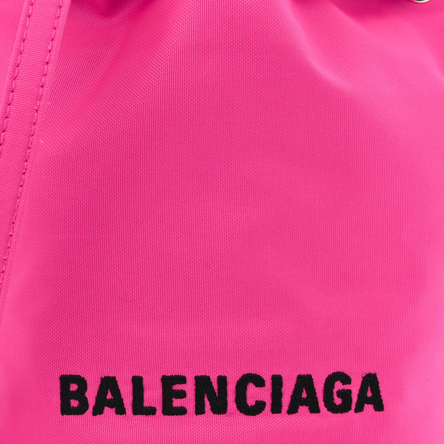 Recycled Sport Nylon Logo Embroidered Wheel Drawstring Bucket Bag Fluo Pink Black