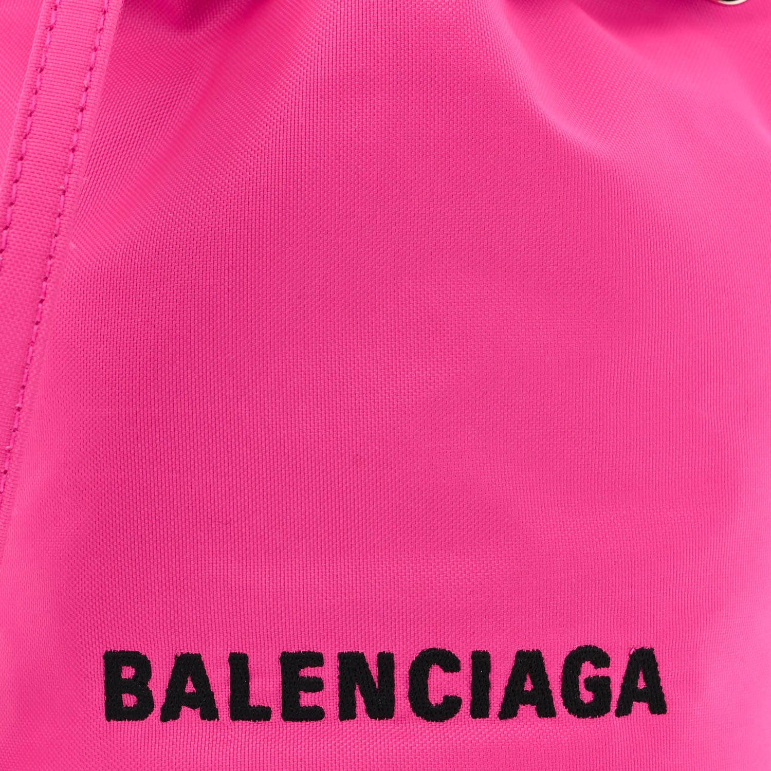 Balenciaga Recycled Sport Nylon Logo Embroidered Wheel Drawstring Bucket Bag Fluo Pink Black 8 of 10