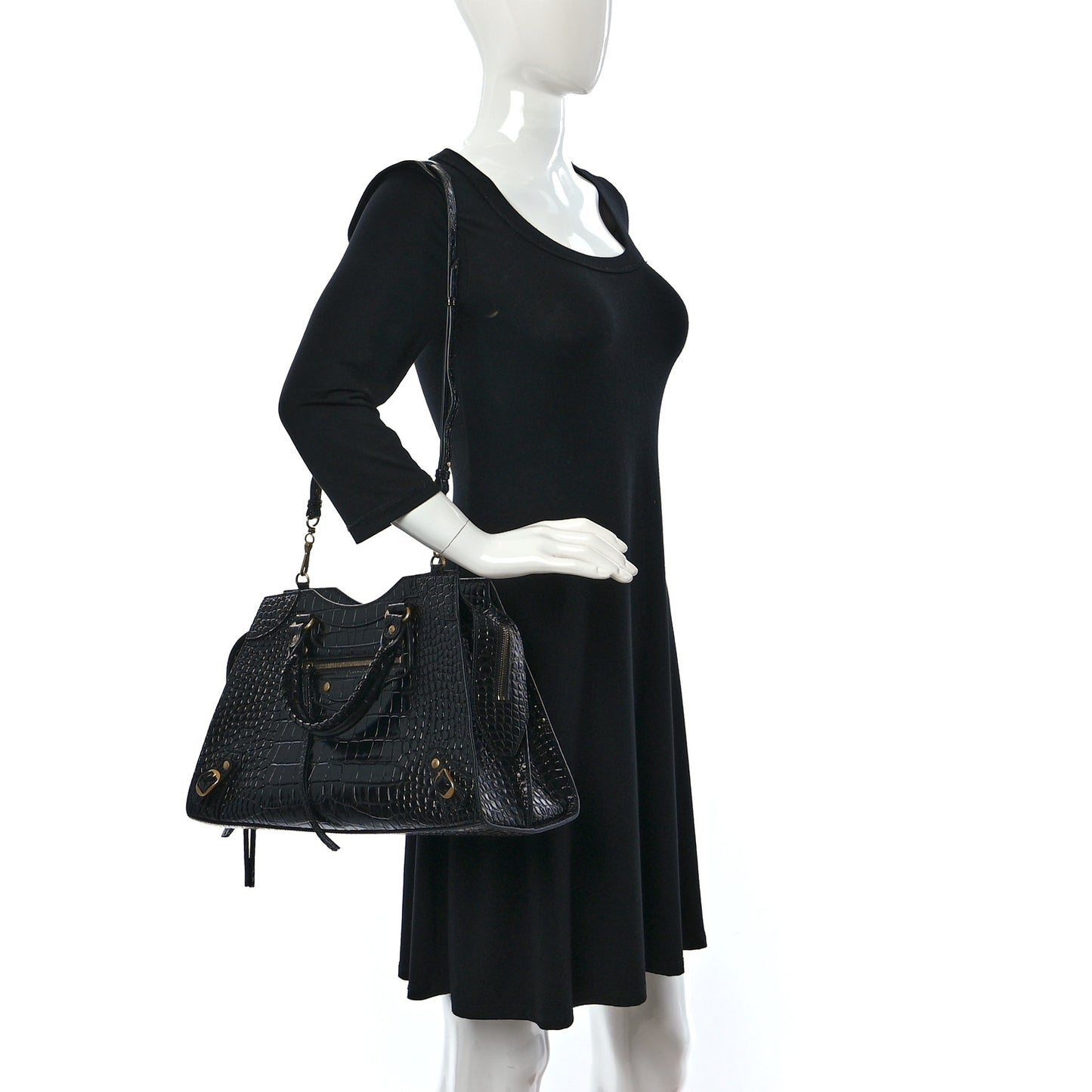 Shiny Supple Calfskin Crocodile Embossed Brass Hardware Neo Classic City Black