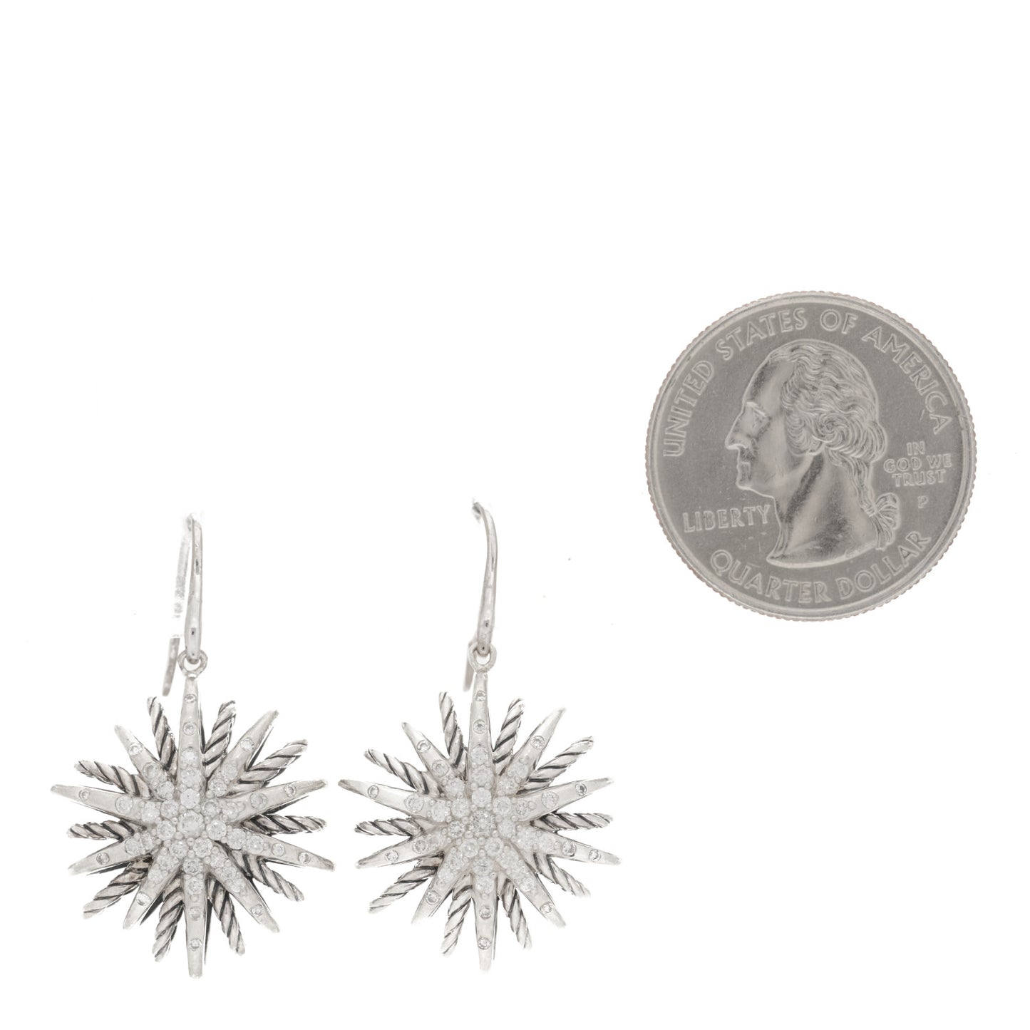 Sterling Silver Diamond 22mm Starburst Drop Earrings