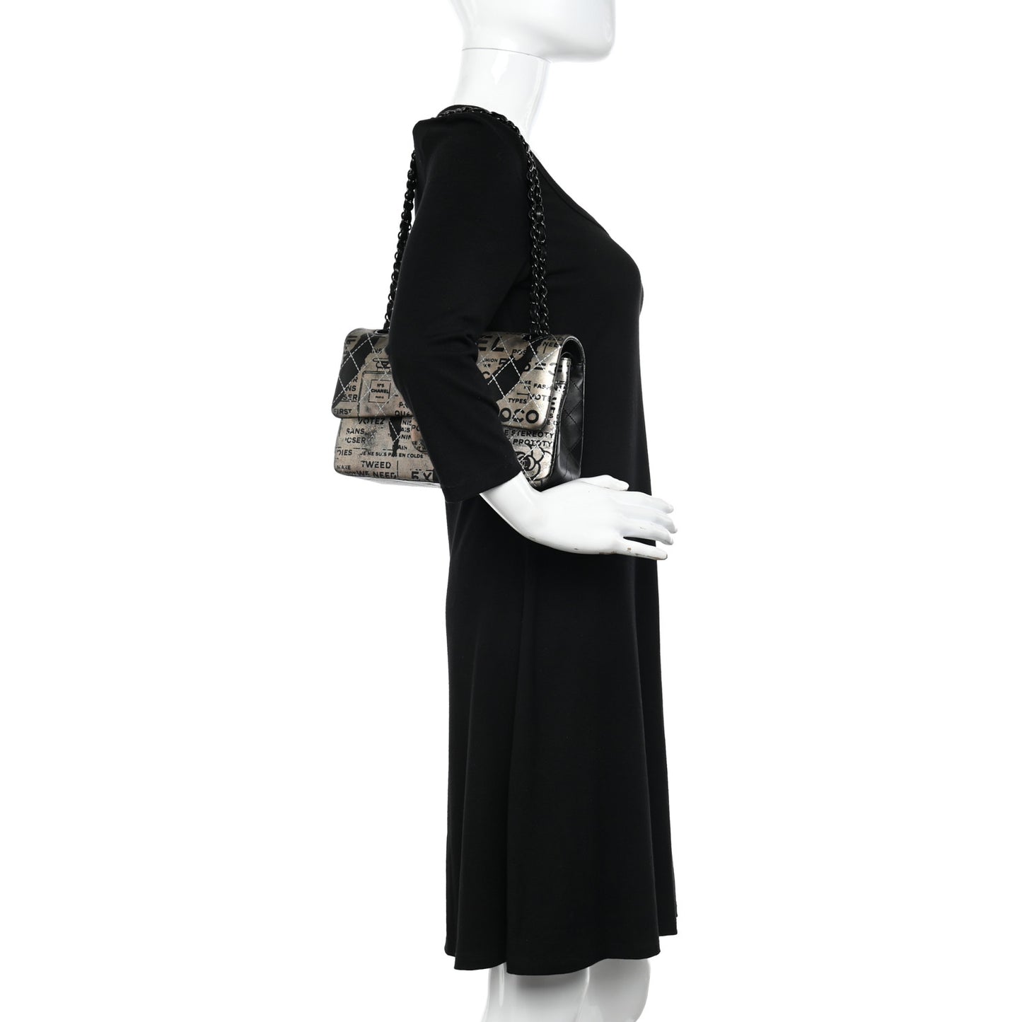 Metallic Lambskin Painted Feministe Newsprint Medium Double Flap So Black