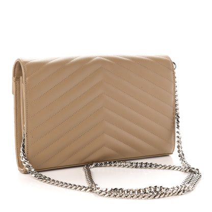 Saint Laurent Grain De Poudre Matelasse Chevron Monogram Chain Wallet Dark Latte 3 of 12