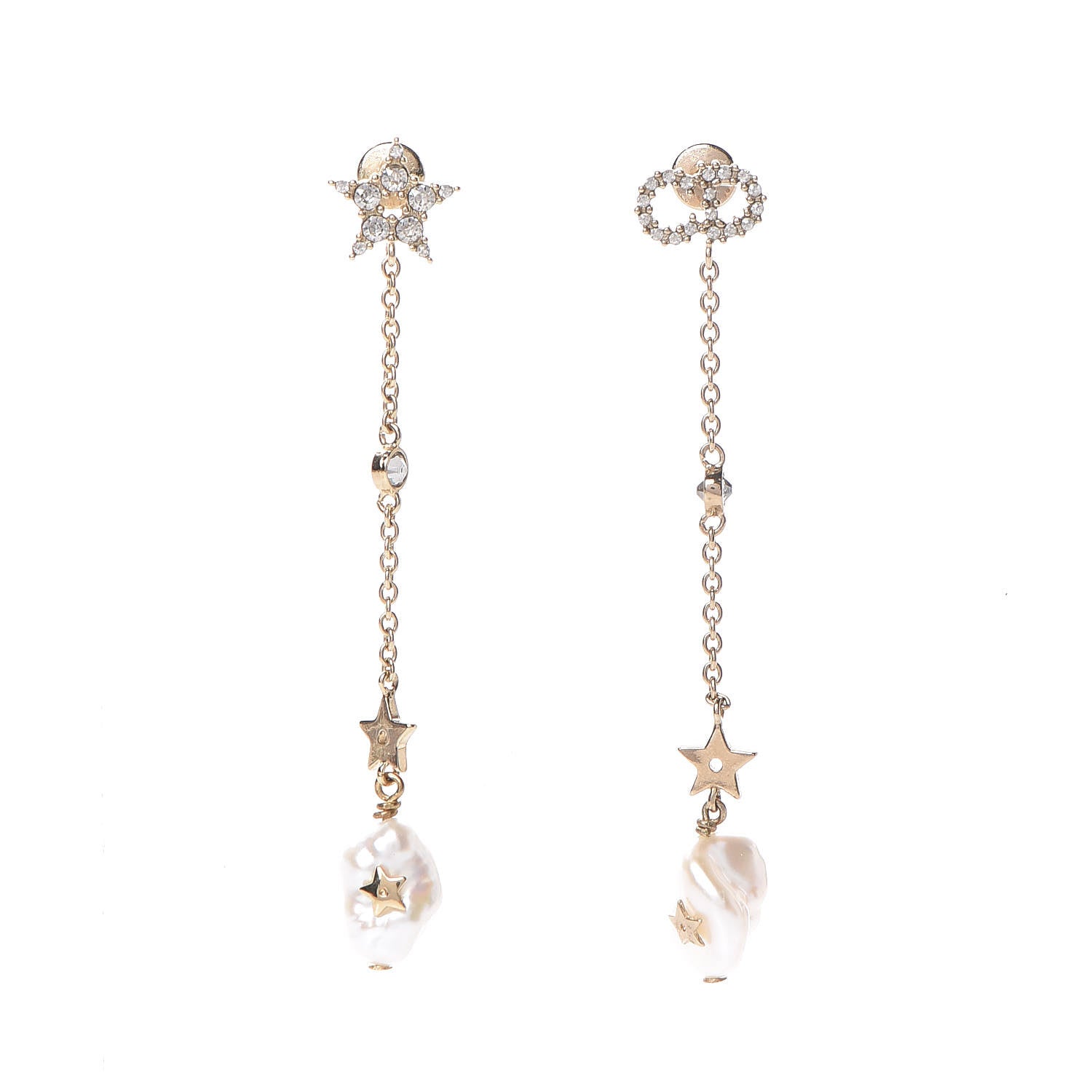 Christian Dior Pearl Crystal Shiny-D Dangle Chain Earrings Gold 1 of 4