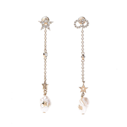 Christian Dior Pearl Crystal Shiny-D Dangle Chain Earrings Gold 1 of 4