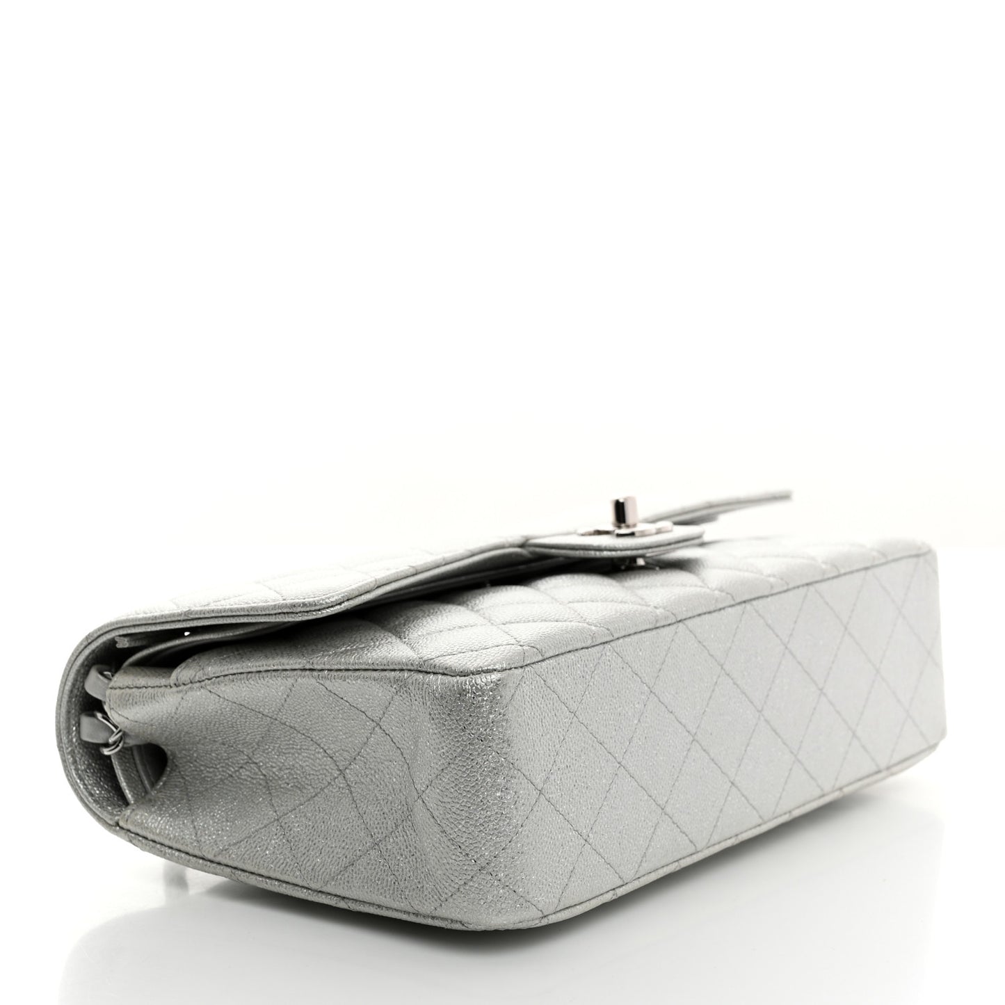 Glittered Metallic Caviar Quilted Medium Double Flap Silver
