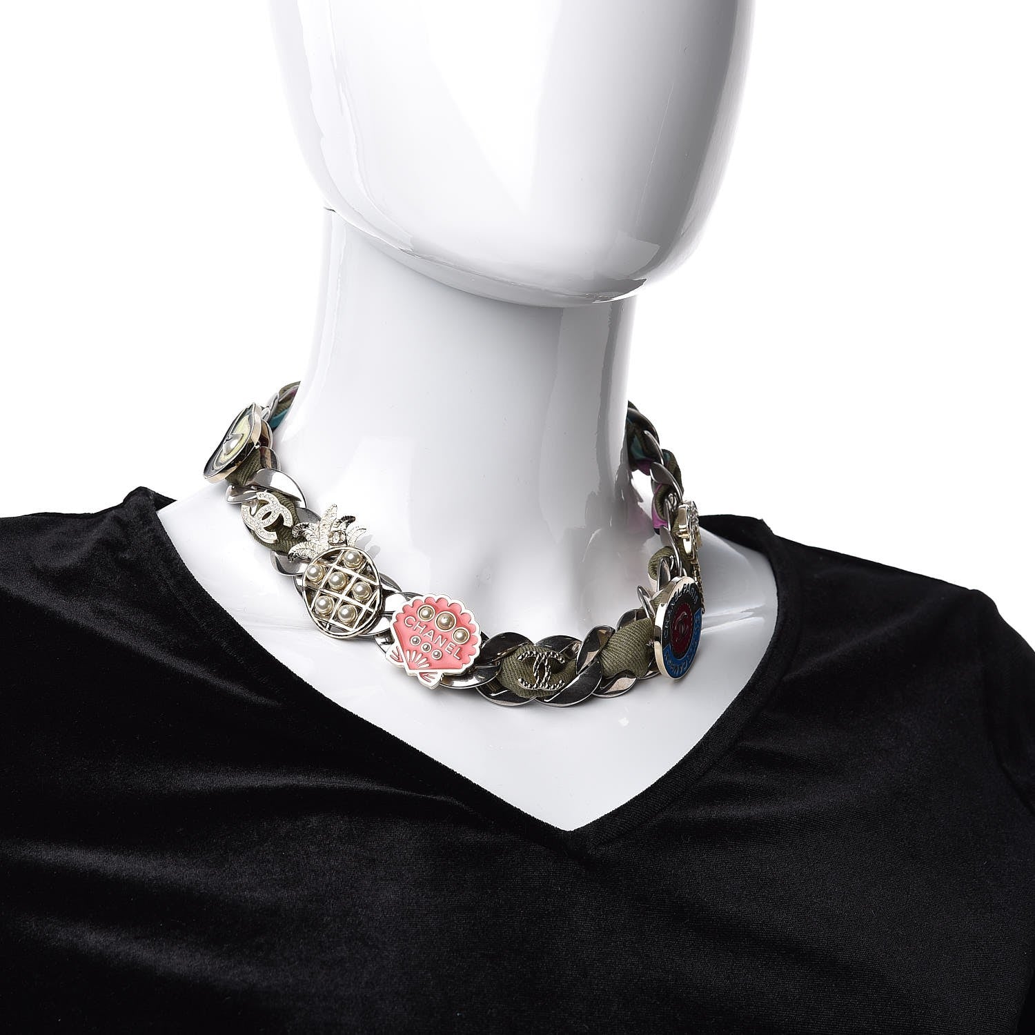 Chanel Metal Fabric Strass Pearl Cuba CC Chain Link Choker Necklace Green Pink Silver Gold 2 of 4