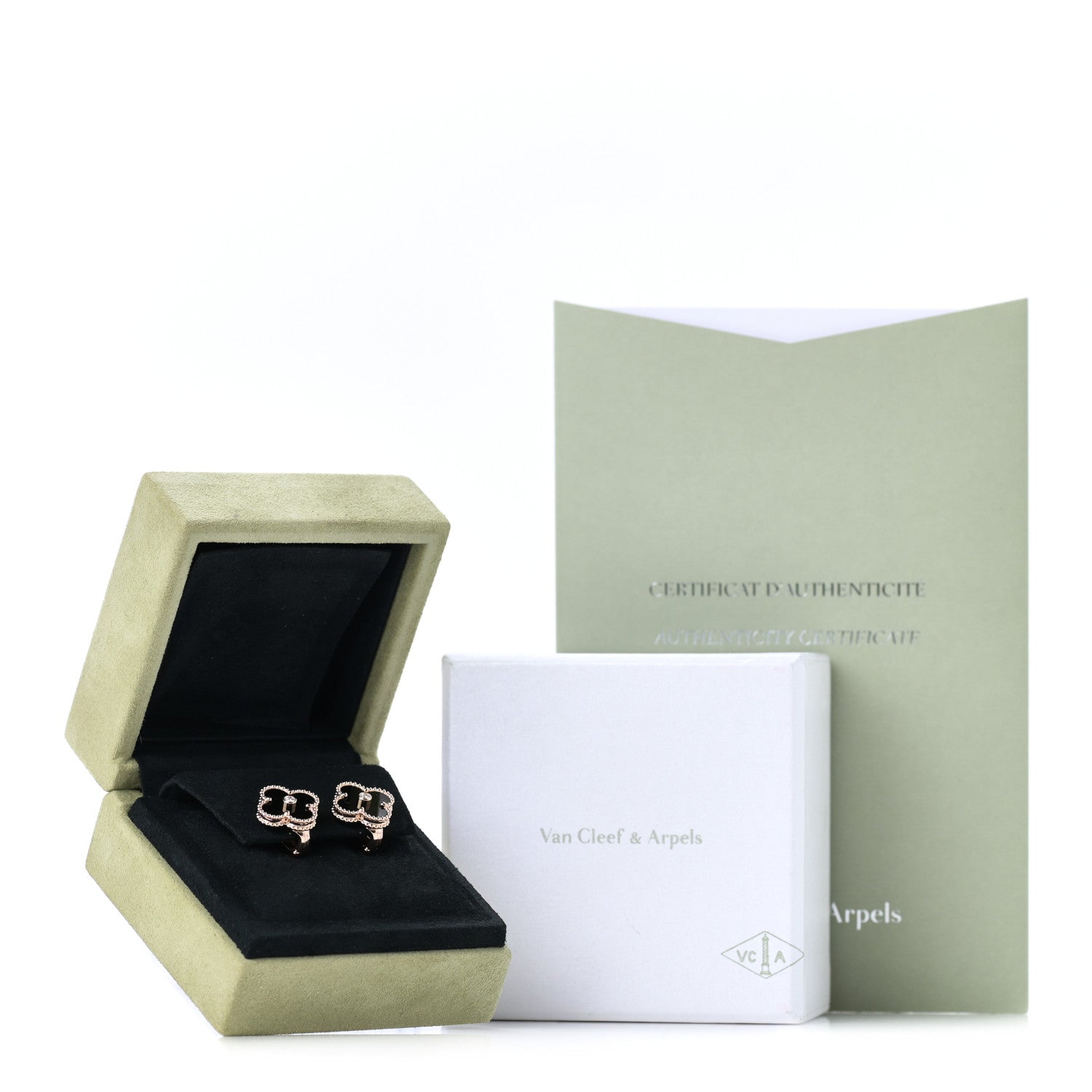 Van Cleef & Arpels 18K Rose Gold Diamond Black Onyx Vintage Alhambra Earrings 6 of 6