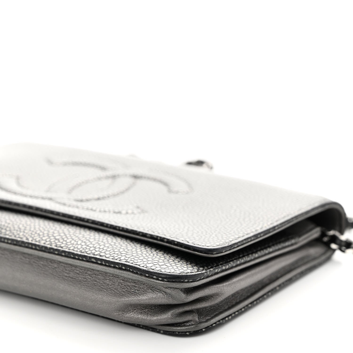 Chanel Metallic Caviar Timeless CC Wallet On Chain WOC Grey 10 of 13