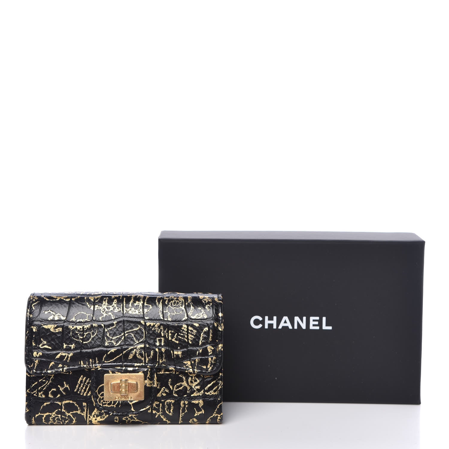 Chanel Calfskin Crocodile Embossed Graffiti Reissue Card Holder Wallet Black Gold 9 of 9