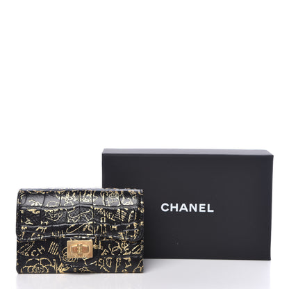 Chanel Calfskin Crocodile Embossed Graffiti Reissue Card Holder Wallet Black Gold 9 of 9