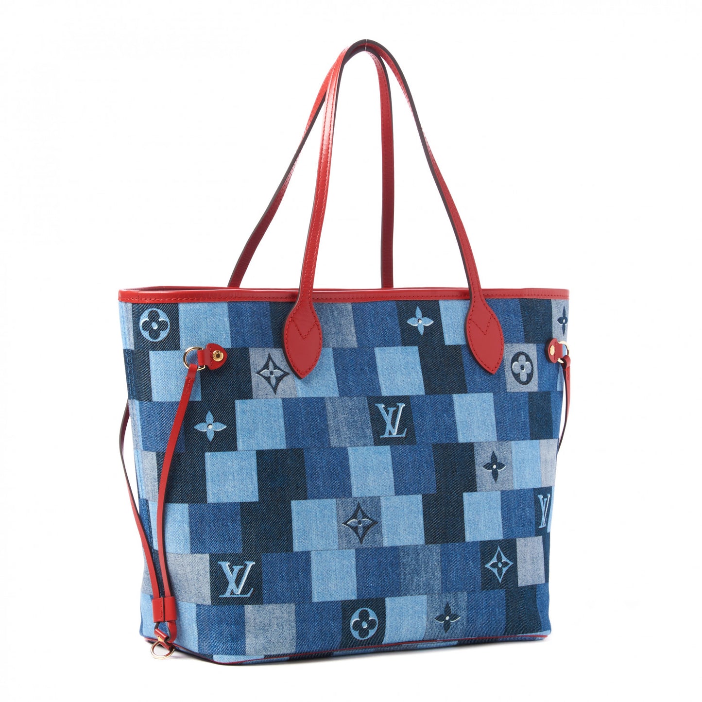 Denim Damier Monogram Patchwork Neverfull Blue Rouge