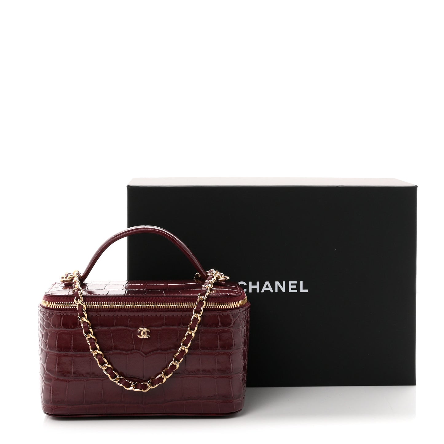 Calfskin Crocodile Embossed Crococo Small Top Handle Vanity Case With Chain Dark Burgundy