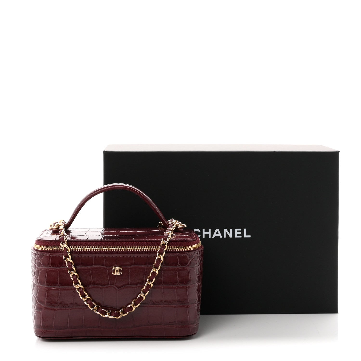 Chanel Calfskin Crocodile Embossed Crococo Small Top Handle Vanity Case With Chain Dark Burgundy 11 of 11