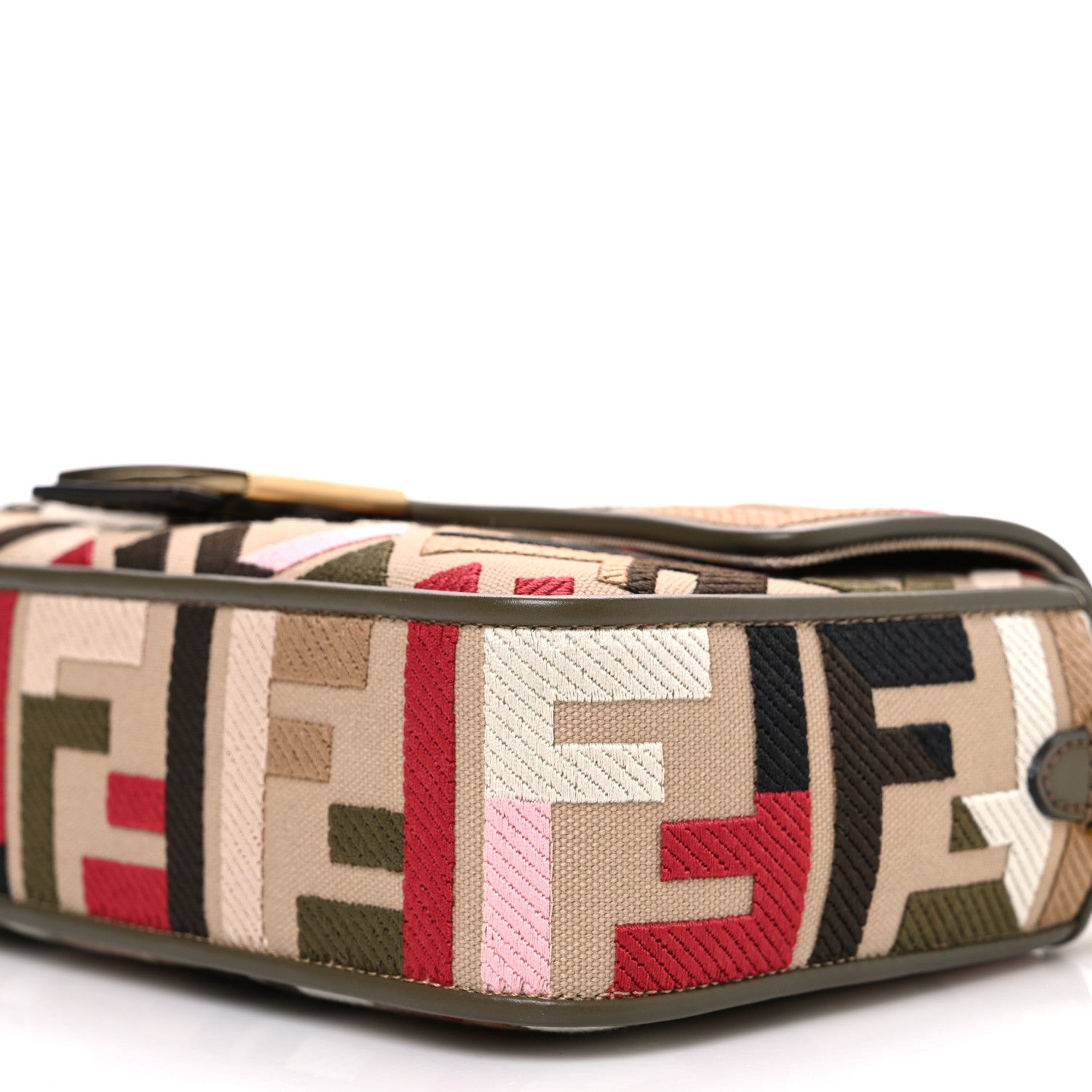 Fendi Canvas Vitello Seta FF Multicolor Embroidered Baguette Sand