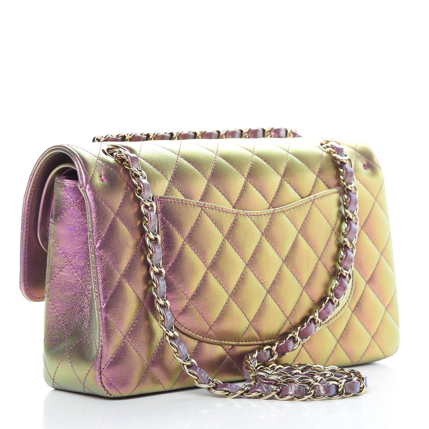 Iridescent Lambskin Quilted Medium Double Flap Purple