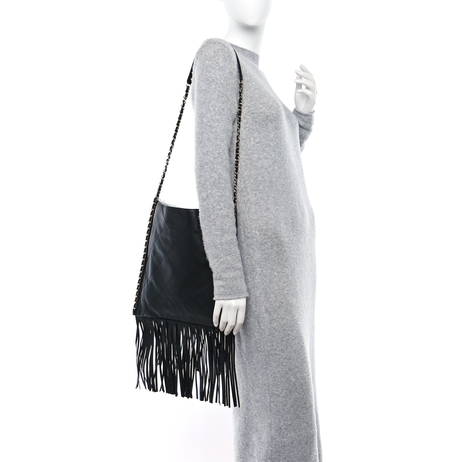 Chanel Calfskin Quilted Fringe Shopping Bag Black 2 of 9