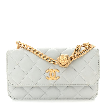 Chanel Lambskin Quilted Sweet Camellia Flap Phone Holder With Chain Light Blue 1 of 11