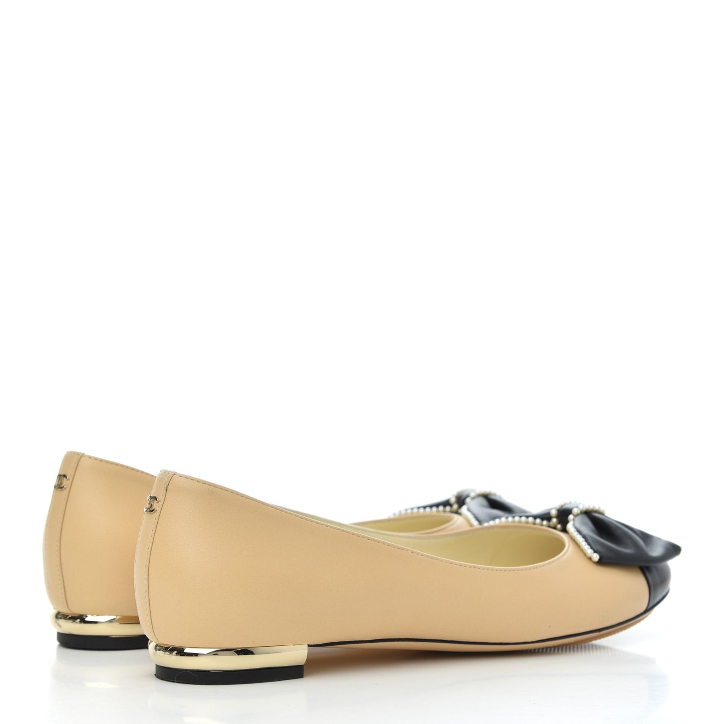 Lambskin Pearl Bow Ballerina Flats 37 Beige Black