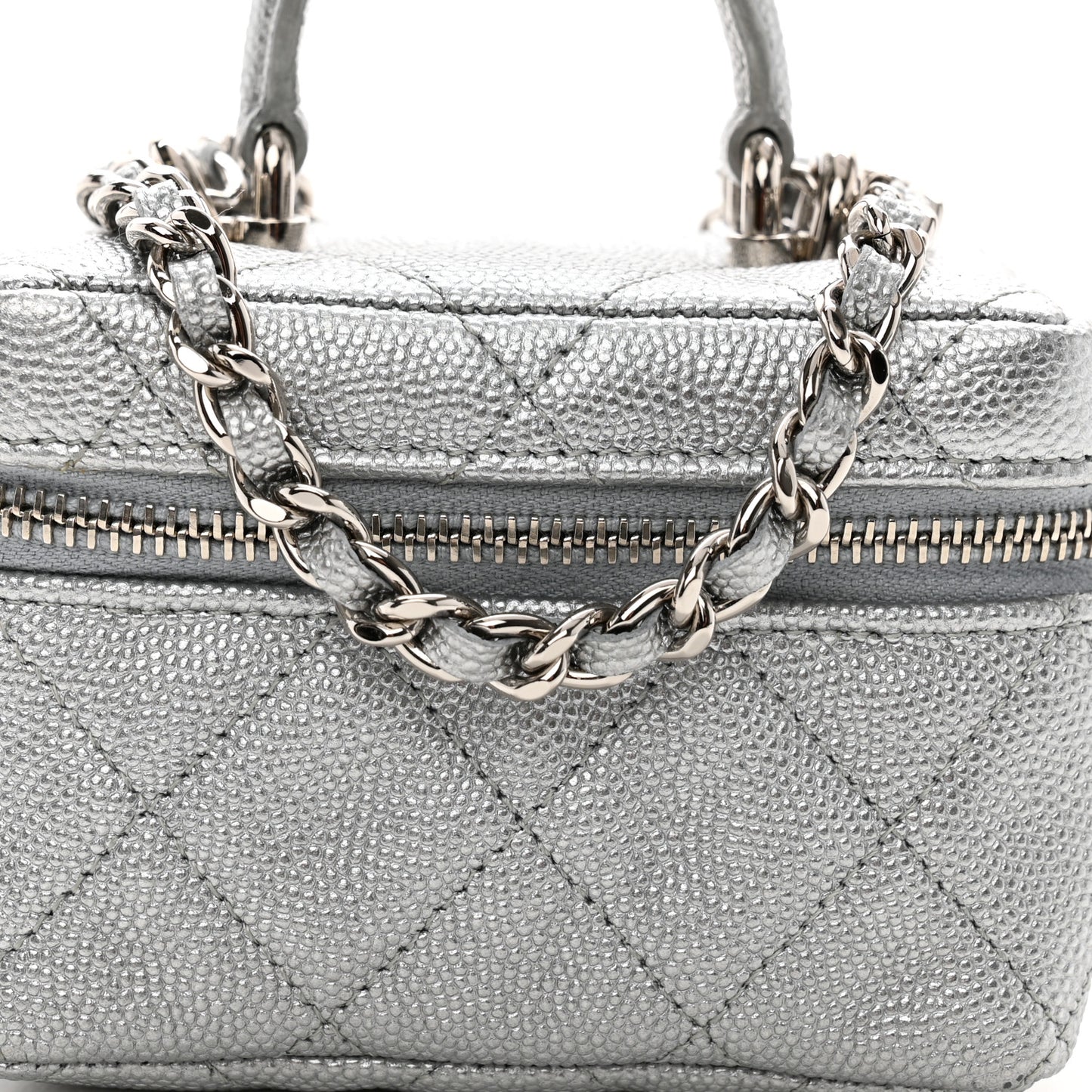 Metallic Caviar Quilted Mini Top Handle Vanity With Chain Silver