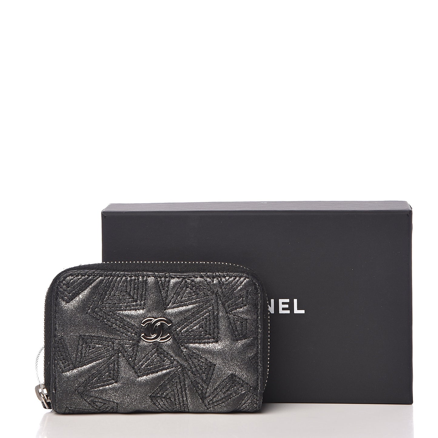 Metallic Lambskin Star Embossed Coin Purse Case Dark Grey