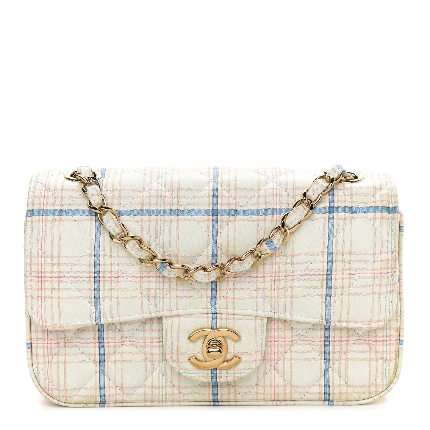 Calfskin Plaid Quilted Mini Rectangular Flap White Multicolor