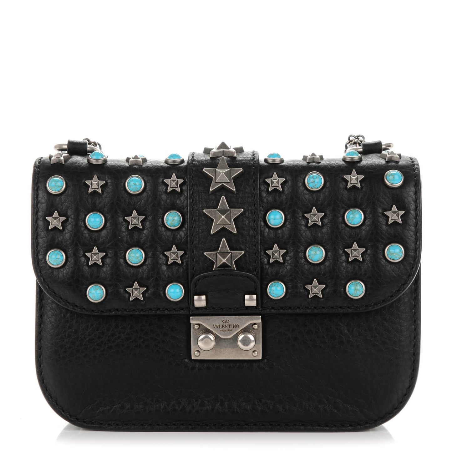 Pebbled Calfskin Star Studded Small Lock Flap Black