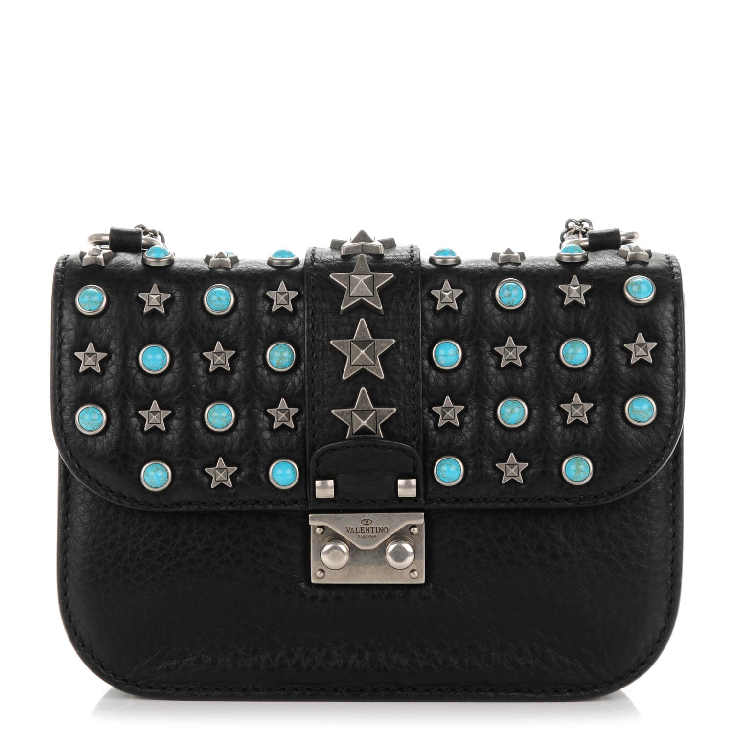 Valentino Garavani Pebbled Calfskin Star Studded Small Lock Flap Black 1 of 6
