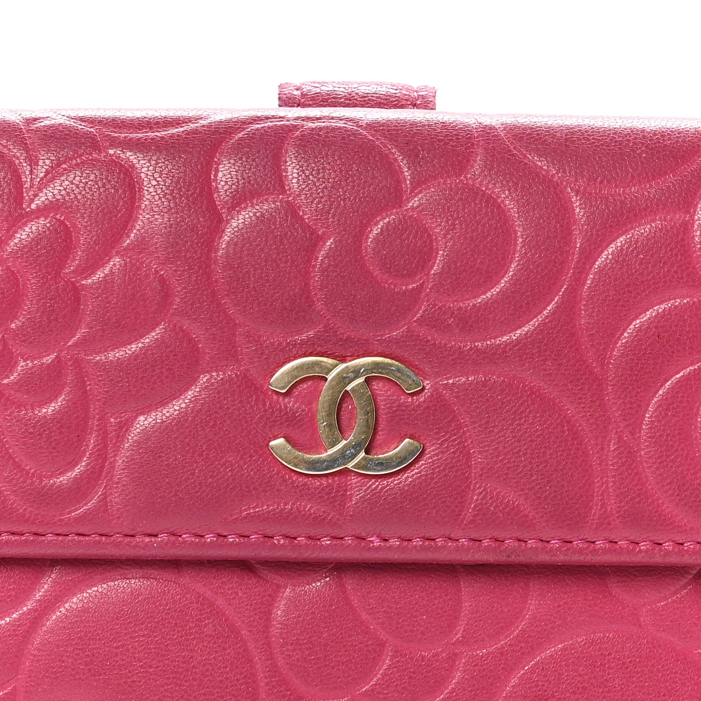 Lambskin Embossed Camellia Large Gusset Flap Wallet Pink