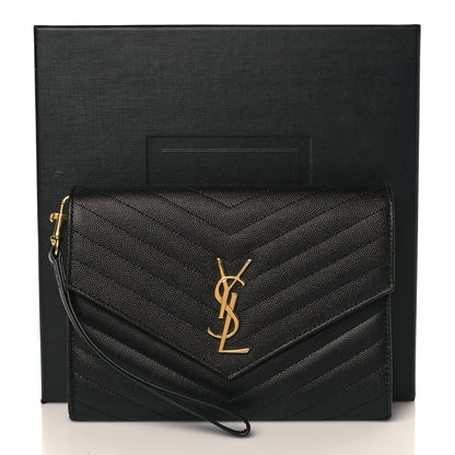 Saint Laurent Grain De Poudre Matelasse Chevron Monogram Envelope Clutch Black 9 of 9