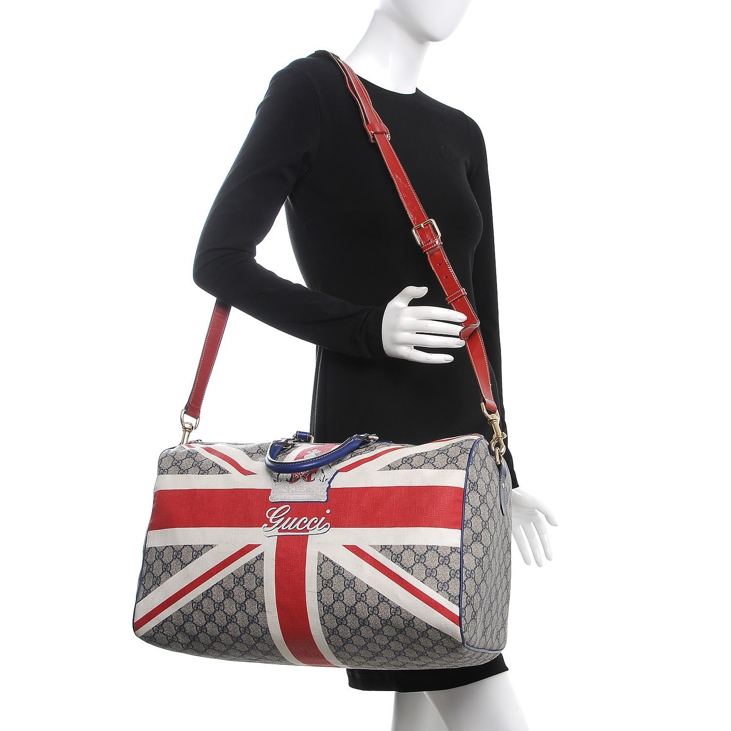 Gucci GG Plus Monogram Large Sloaney Union Jack British Flag Boston Duffle Tote Blue 2 of 24