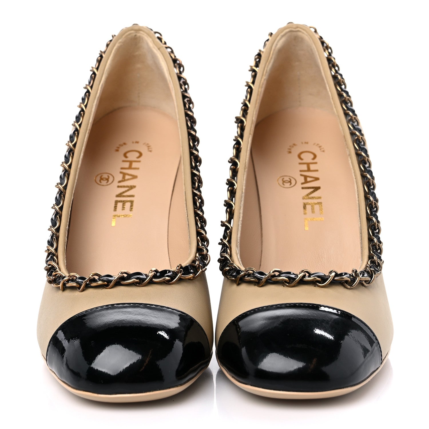 Chanel Calfskin Patent Calfskin Chain Cap Toe Pumps 35 Beige Black 2 of 8