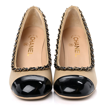 Chanel Calfskin Patent Calfskin Chain Cap Toe Pumps 35 Beige Black 2 of 8