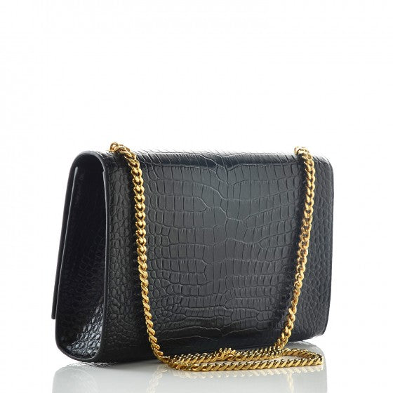 Calfskin Crocodile Embossed Medium Classic Monogram Kate Tassel Satchel Black